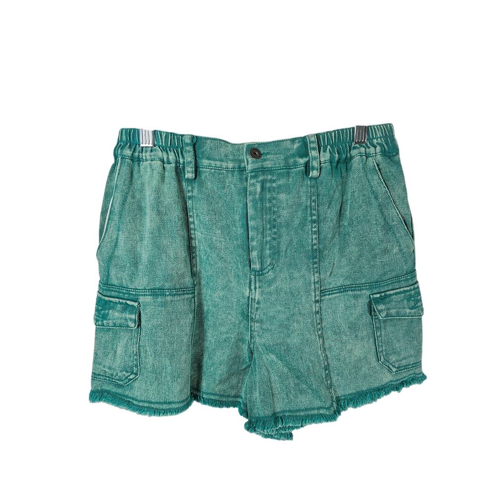 New In Women's Green Washed Cotton Twill Washed Denim Cargo Shorts‎ Med NWT